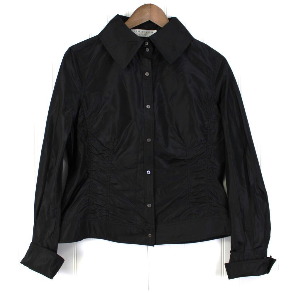Charles Nolan NY Womens 14 Silk Blouse Top Black Seamed‎ Dressy Goth Witchy